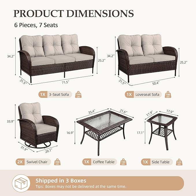 UPHA 6 Pieces Patio Furniture Sets, Wicker Outdoor Sofa Set - Image 2
