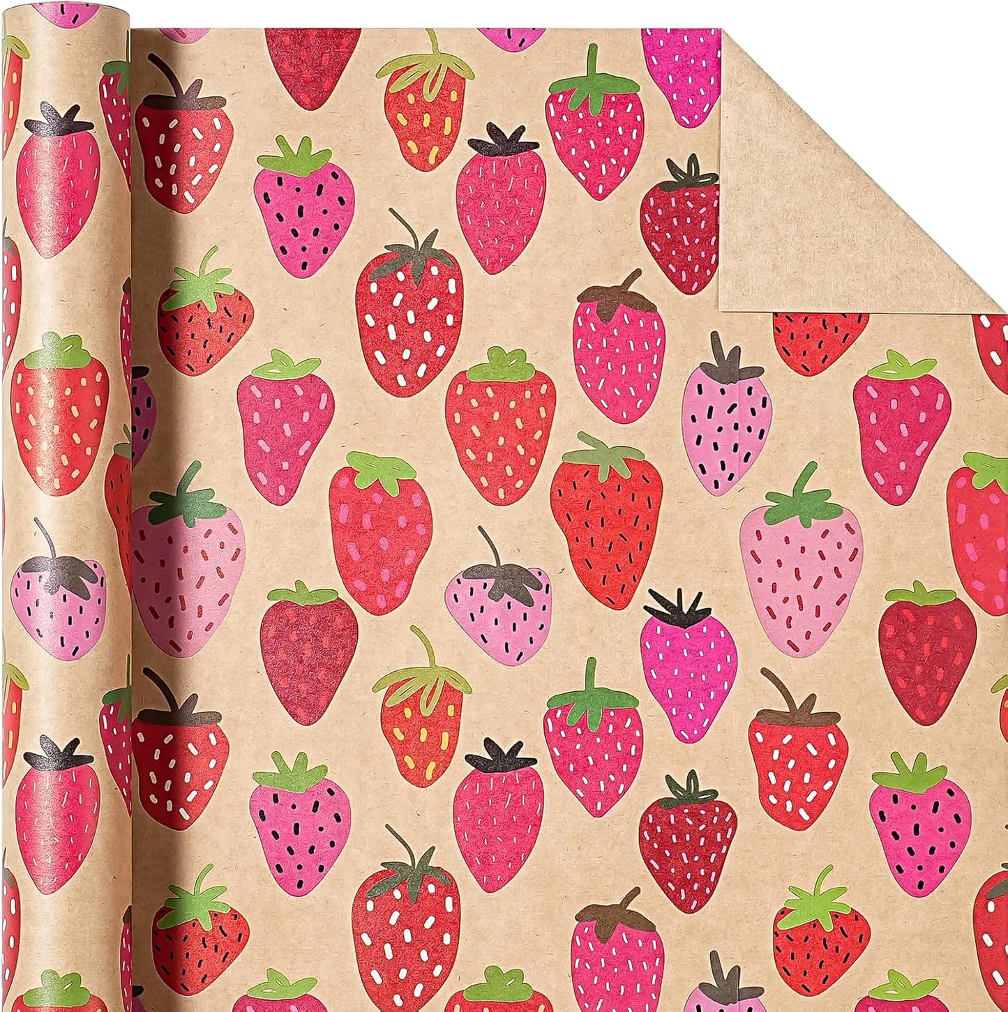 WRAPAHOLIC Kraft Strawberry Wrapping Paper Roll - Mini Roll - 17 Inch x 16.5 Feet - Sweet Strawberry Fruits Wrapping Paper for Summer, Birthday, Wedding, Bridal Shower