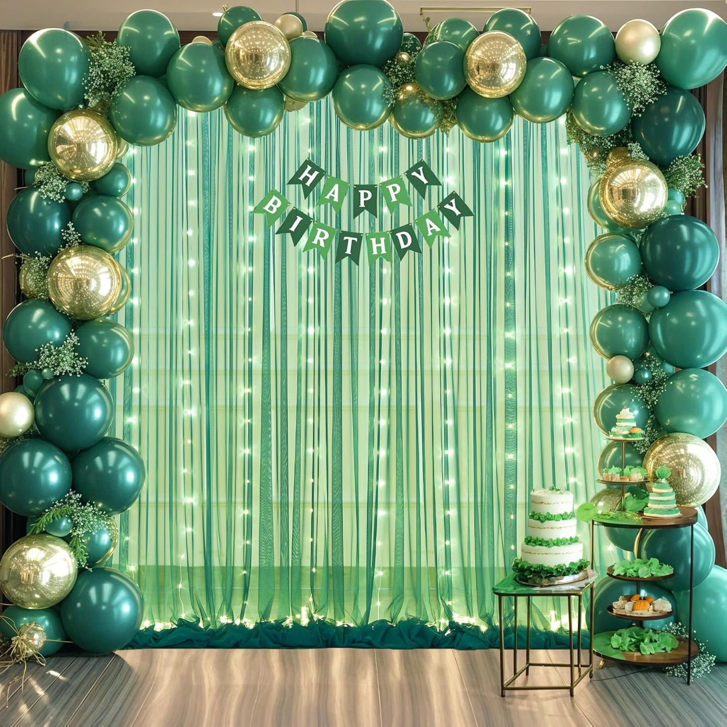 Hunter Green Tulle Backdrop Curtains with Lights String for Parites 10x8ft Sheer Backdrop Curtains Drapes for Birthday Party Bridal Shower Baby Shower Photo Booth Background Decorations