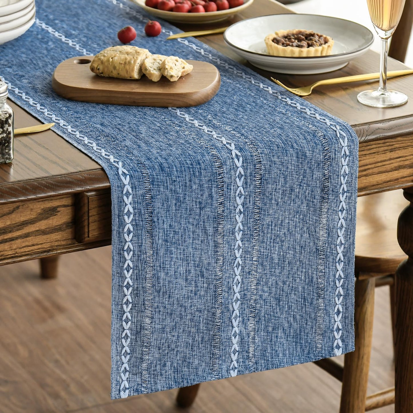 Artoid Mode Blue Rustic Cotton Linen Table Runner, Seasonal Embroidered Hollow Kitchen Dining Table Decoration for Home Party Decor 13x36 Inch