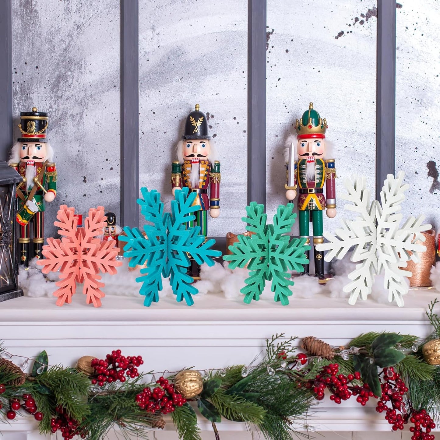 Bucherry 12 Pcs Wooden Snowflake Table Decor 3D Snowflake Tabletop Signs and Centerpiece for Christmas Xmas Winter Wonderland Decorations Home Party(Pink, Green, Blue, White)