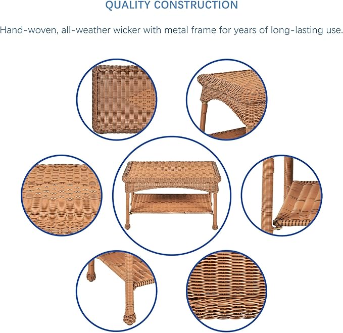 Jeco Wicker Patio Love Seat and Coffee Table Set in Honey Without Cushion - Image 8
