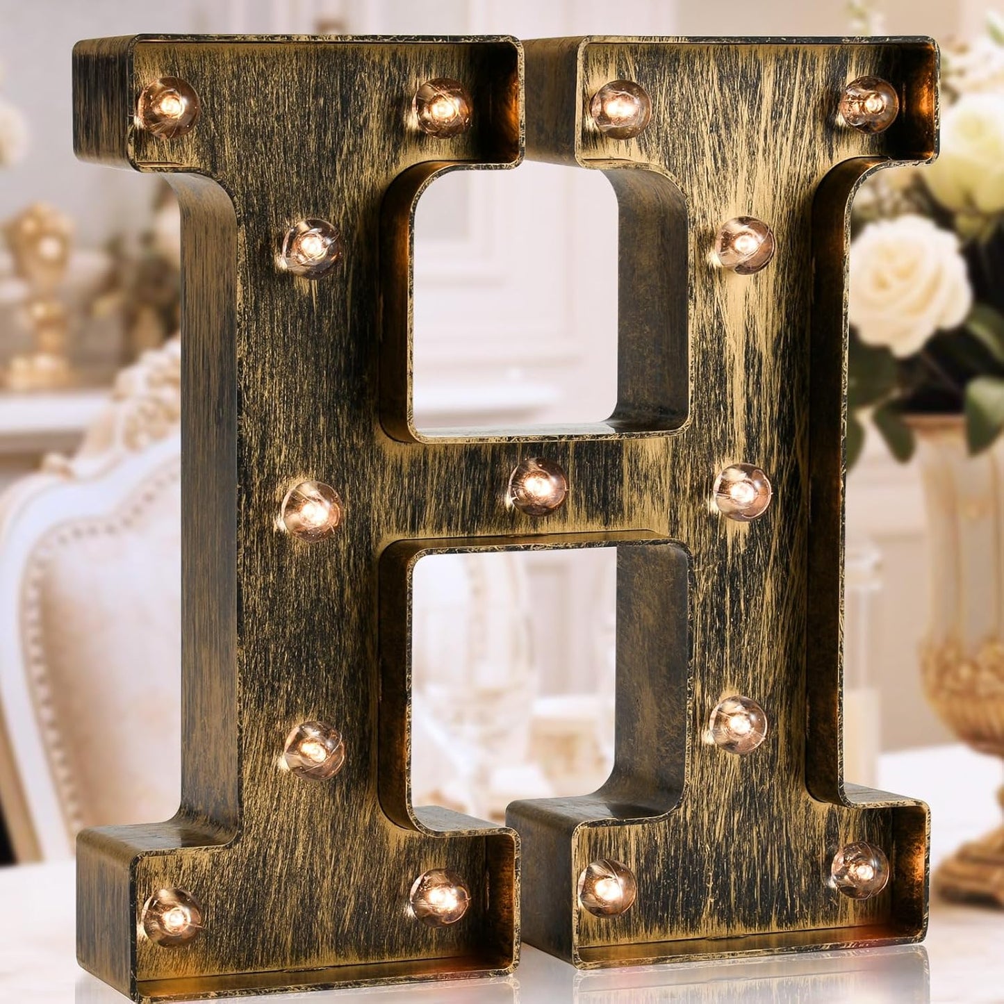 OYCBUZO Golden Black Led Marquee Letter - Industrial, Vintage Style Light Up Alphabet Letter Sign for Cafe Wedding Birthday Party Christmas Lamp Home Bar Initials Decor - H