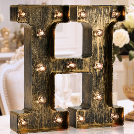 OYCBUZO Golden Black Led Marquee Letter - Industrial, Vintage Style Light Up Alphabet Letter Sign for Cafe Wedding Birthday Party Christmas Lamp Home Bar Initials Decor - H