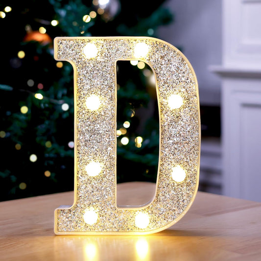Marquee Light Up Letters, Glitter Silver LED Letter Lights Battery Powered Alphabet Letter Sign for Night Light Wedding Birthday Party Cafe Bar Decoration Girls Room Decor - D
