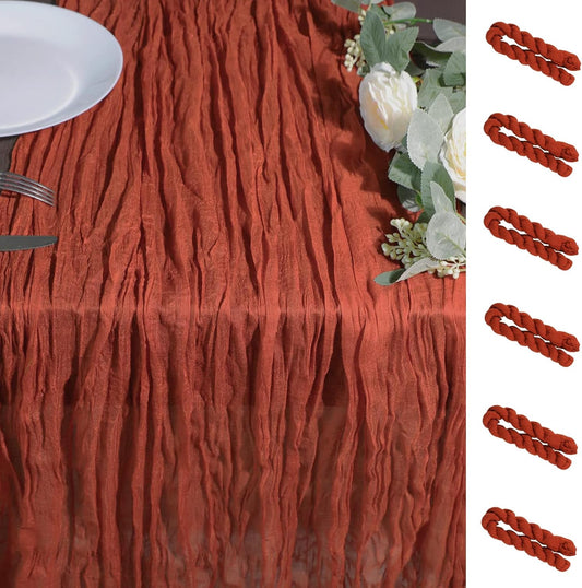 Snowkingdom 6PCS 13Ft Terracotta Cheesecloth Table Runner Bulk, 160inch Long Rust Cheese Cloth Boho Gauze Runner for Wedding Bridal Shower Rustic Sheer Fall Thanksgiving Table Decorations