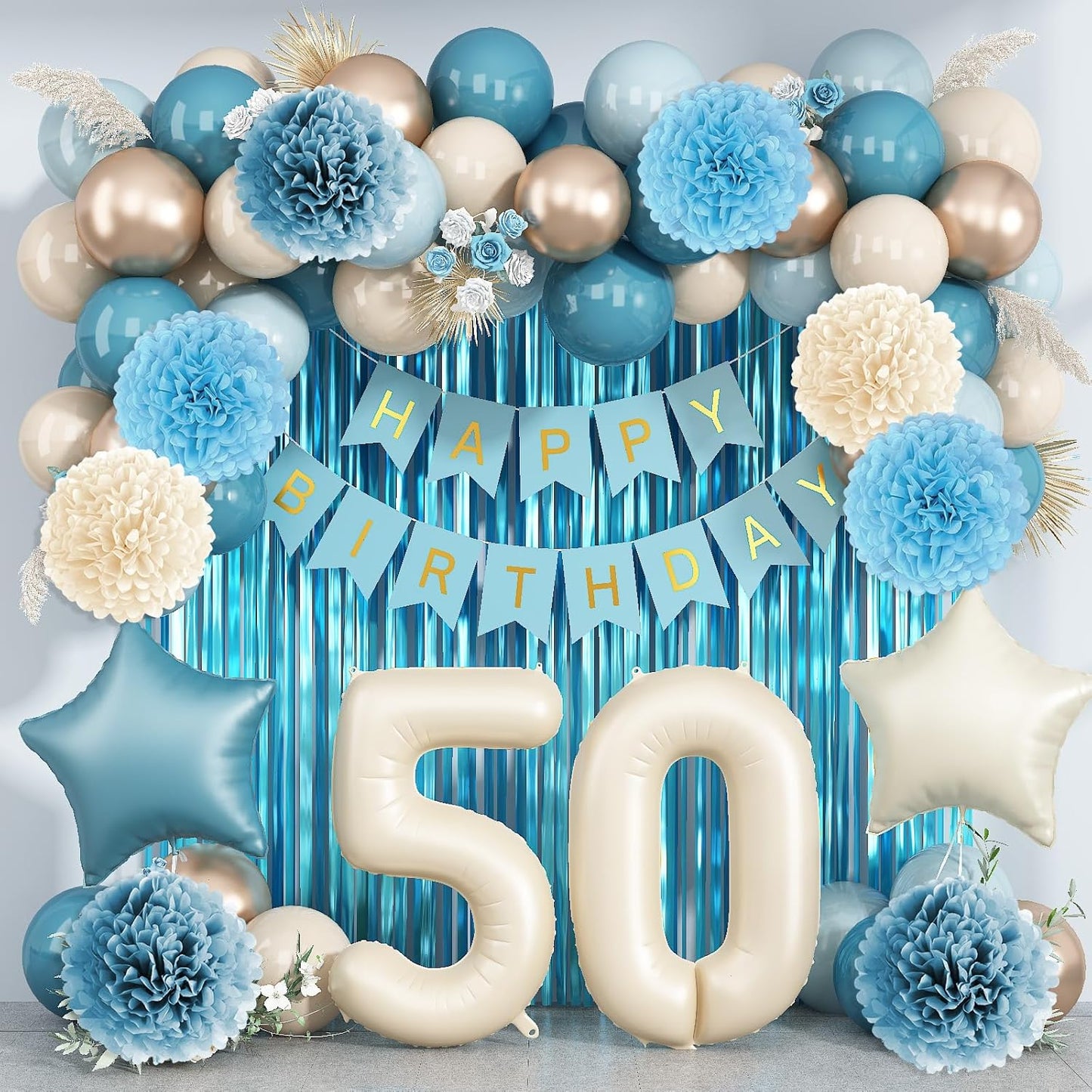 Dusty Blue 50th Birthday Party Decorations for Women Men Beige Cream Number 50 Balloon with Blue Gold Happy Birthday Banner Fringe Curtain Paper Pom Poms Nude White Sand Champagne Star Foil Balloons