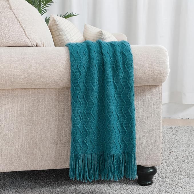 BOURINA Teal Throw Blanket 50 x90 Inches Throw Textured Solid Soft Sofa Throw - Image 2