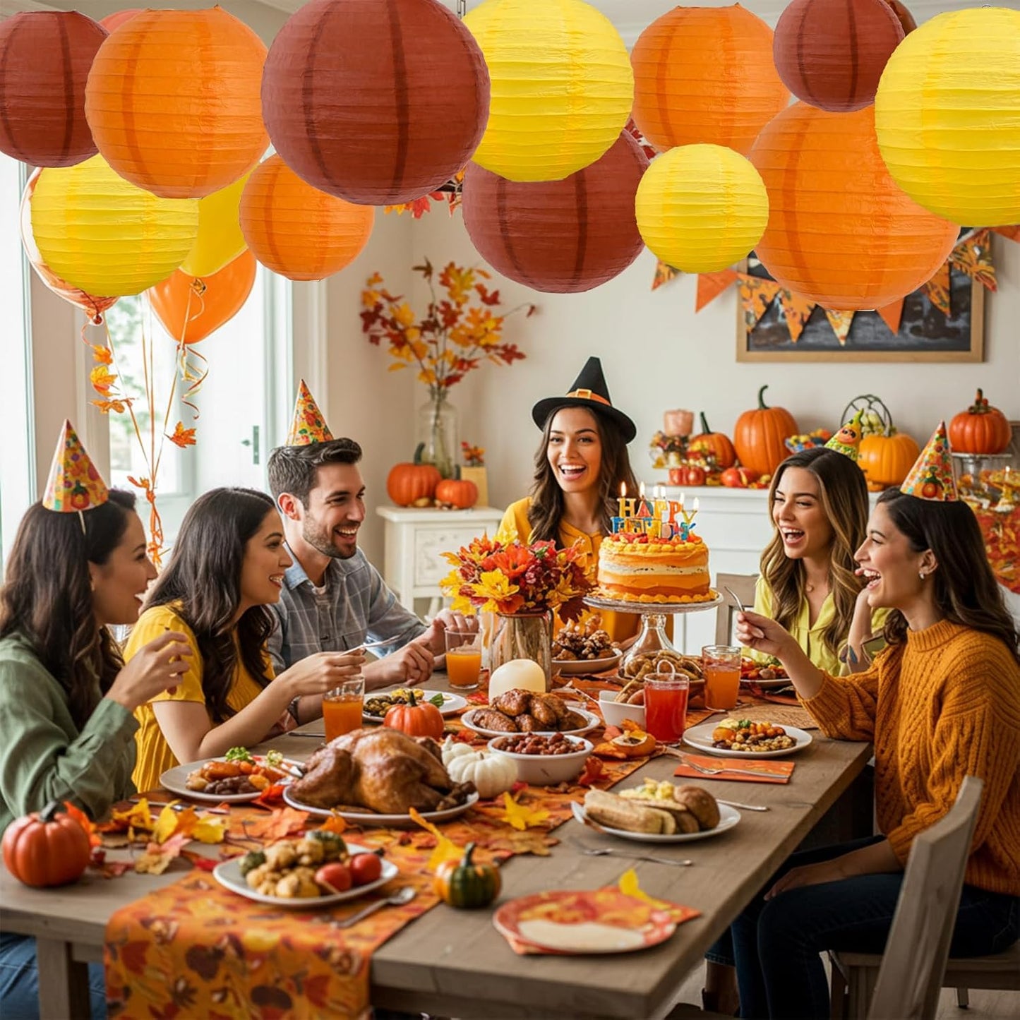 BEISHIDA 12Pcs Fall Orange Paper Lanterns Decorative Yellow Orange Brown Hanging Round Paper Lanterns Lamp for Thanksgiving Harvest Fall Wedding Autumn Birthday Decor,Outdoor Party Decoration