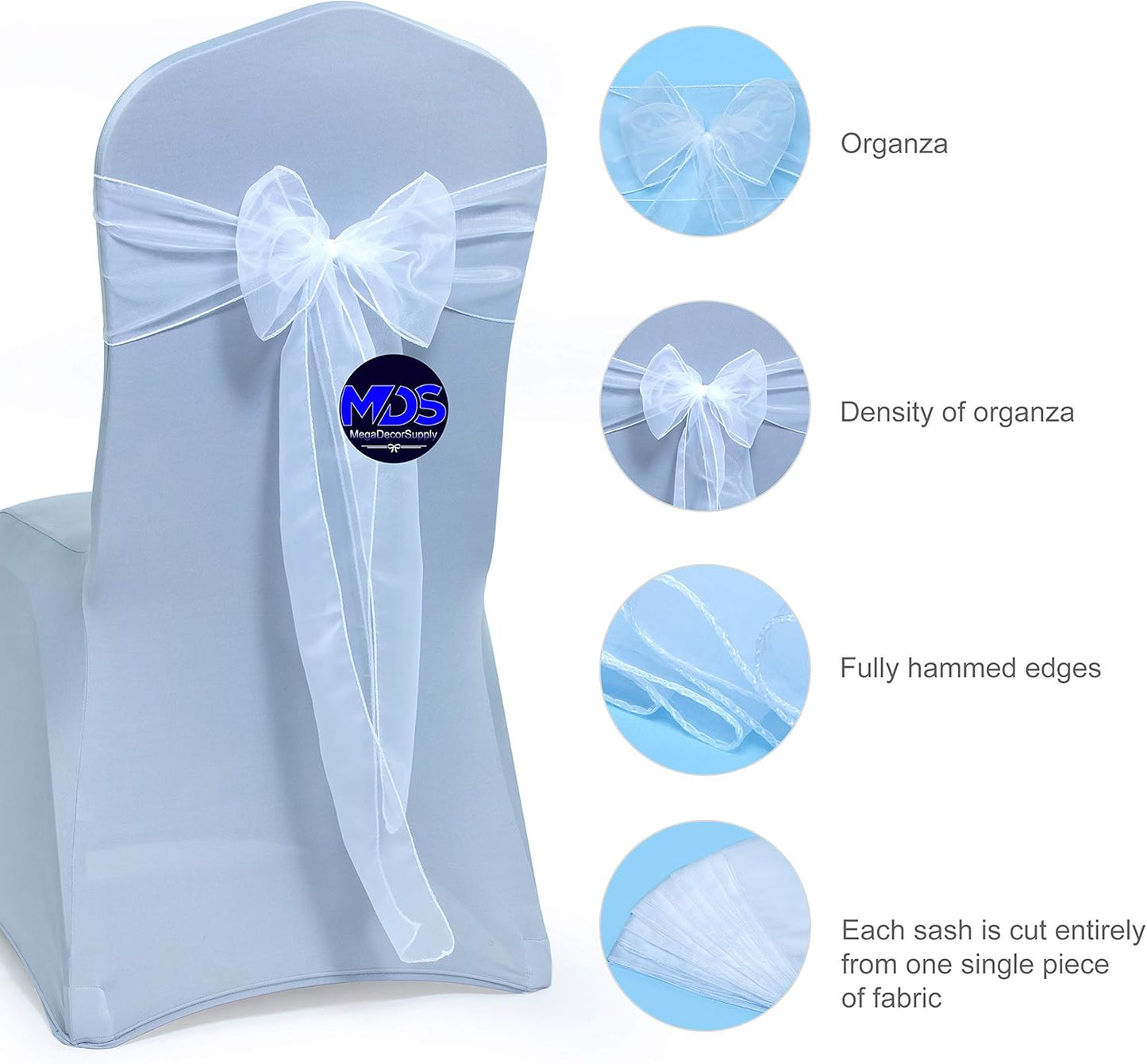 MDS Pack of 25 PCS Organza Chair Sashes Wider Dining Chair Bows Ribbon Tie Back for Wedding Party Birthday Bridal Shower Reception Event Banquet Home Chair Cover Decoration - White