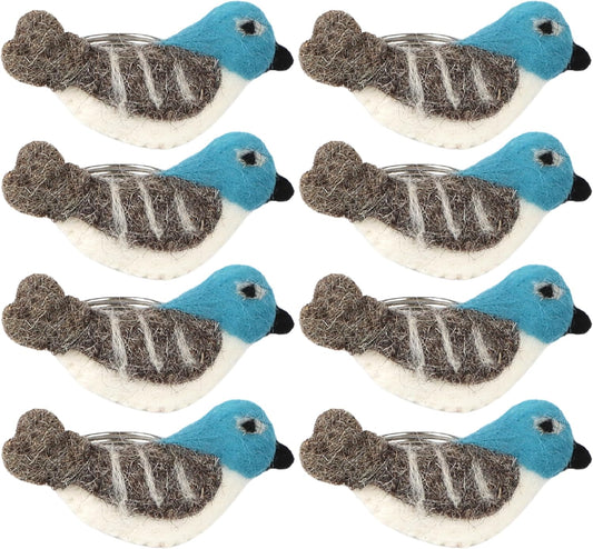 Wool Felt Napkin Ring Set of 8 - Bird Napkin Holder for Dining Table with Silver Electroplated Metal Base - Perfect for Spring, Holiday Parties, Rustic Event (White Blue Grey Black) - CLEENTABLE