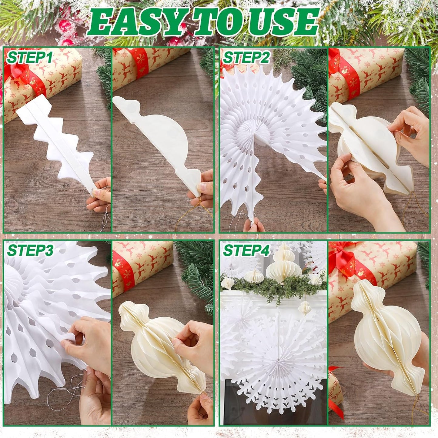 Cinnvoice 16 Pcs White Paper Snowflake Decorations 12 Pcs Christmas Paper Honeycomb Balls Ornaments Xmas Hanging Decorations Birthday Party Supplies for Christmas Tree Winter Party Wonderland