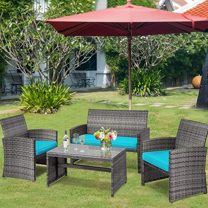 Tangkula 4 PCS Wicker Patio Conversation Set, Outdoor Rattan Sofas - Image 3