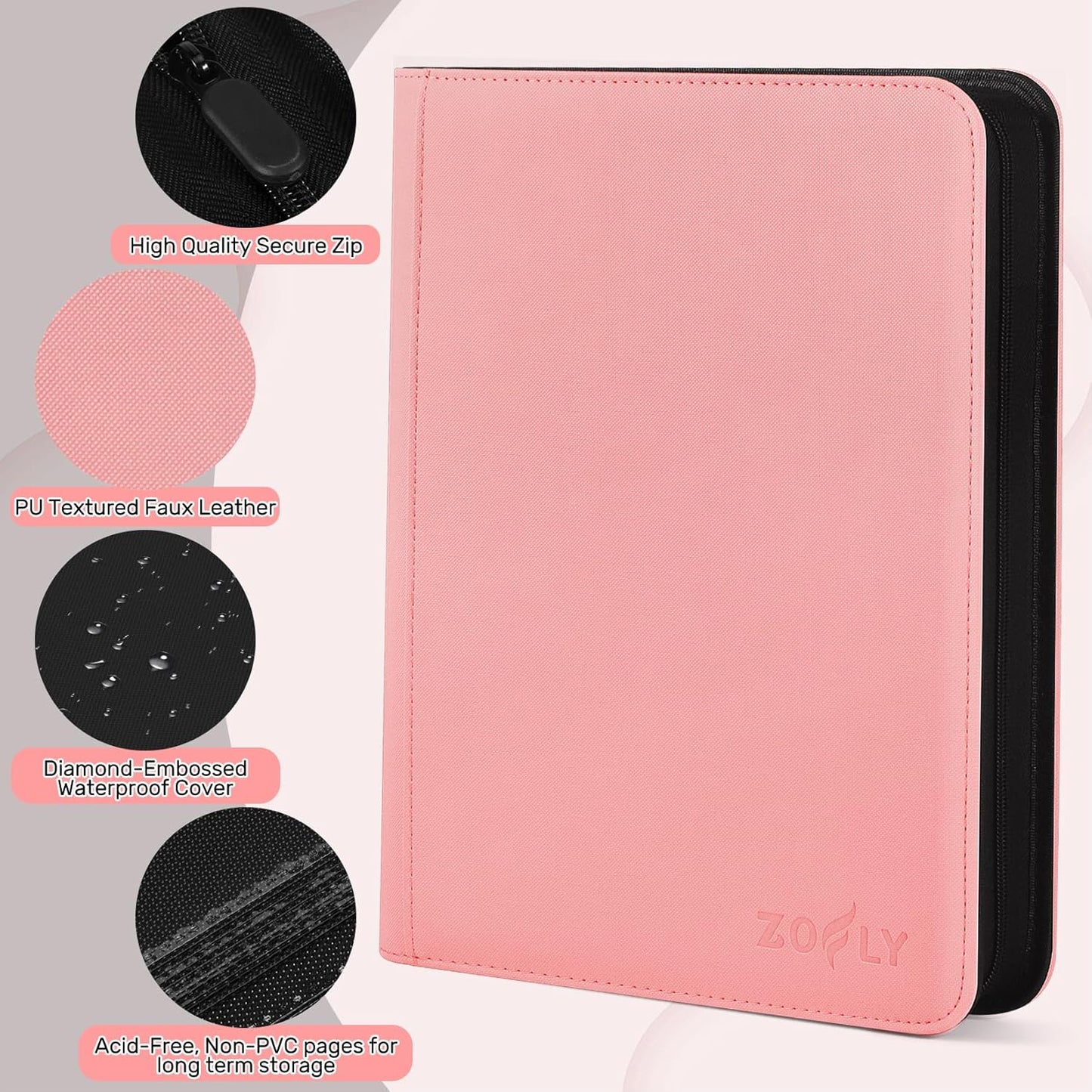 Card Binder 16 Pocket, Zipper Trading Card Binder Holds 1024 Cards, Double-sided Side Loading Card Storage Album, Ringless Card Protector, Card Collection Binder for TCG, MTG, Game Sport Card, Pink