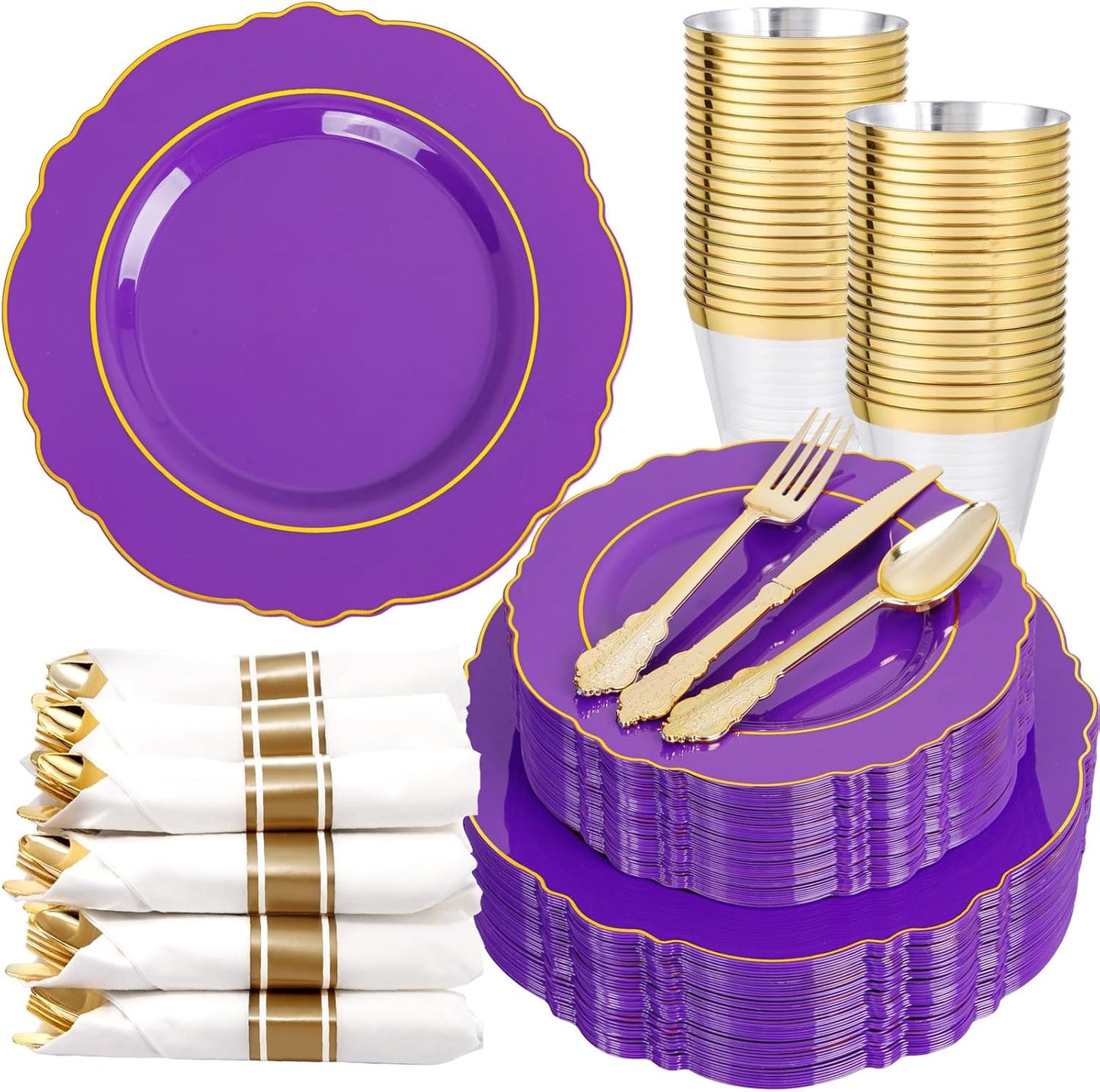 Liacere 350PCS Purple Plastic Plates-Disposable Purple and Gold Plates 50 guest Baroque Plastic Dinnerware include 100Plates,50Pack Pre Rolled Napkins with Silverware 50Cups for Halloween
