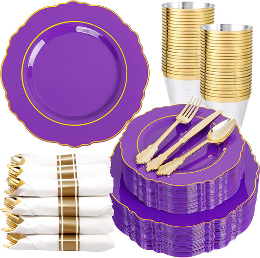 Liacere 350PCS Purple Plastic Plates-Disposable Purple and Gold Plates 50 guest Baroque Plastic Dinnerware include 100Plates,50Pack Pre Rolled Napkins with Silverware 50Cups for Halloween