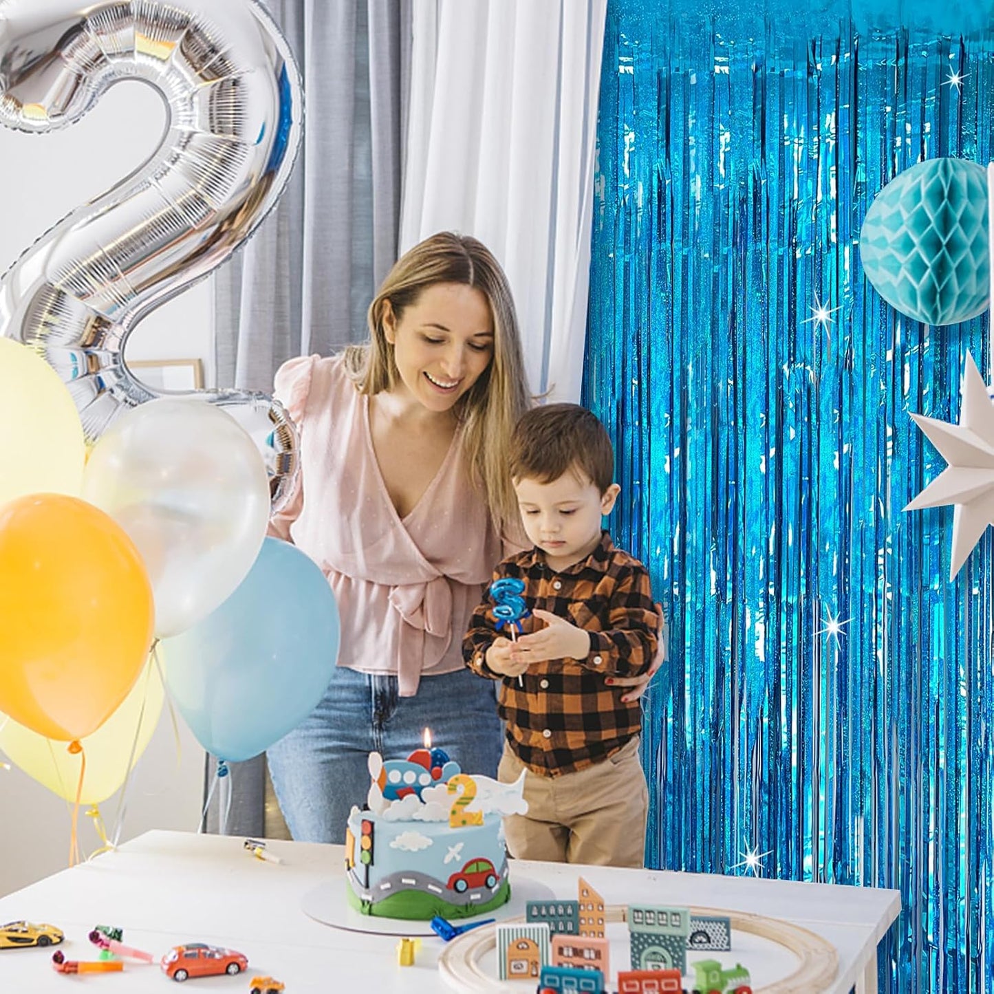 Tinsel Curtain Party Backdrop Blue Birthday Decorations 5 Packs Glitter Foil Fringe Curtain Party Decor Streamers Photo Booth for Birthday Christmas Wedding Halloween Graduation Decorations