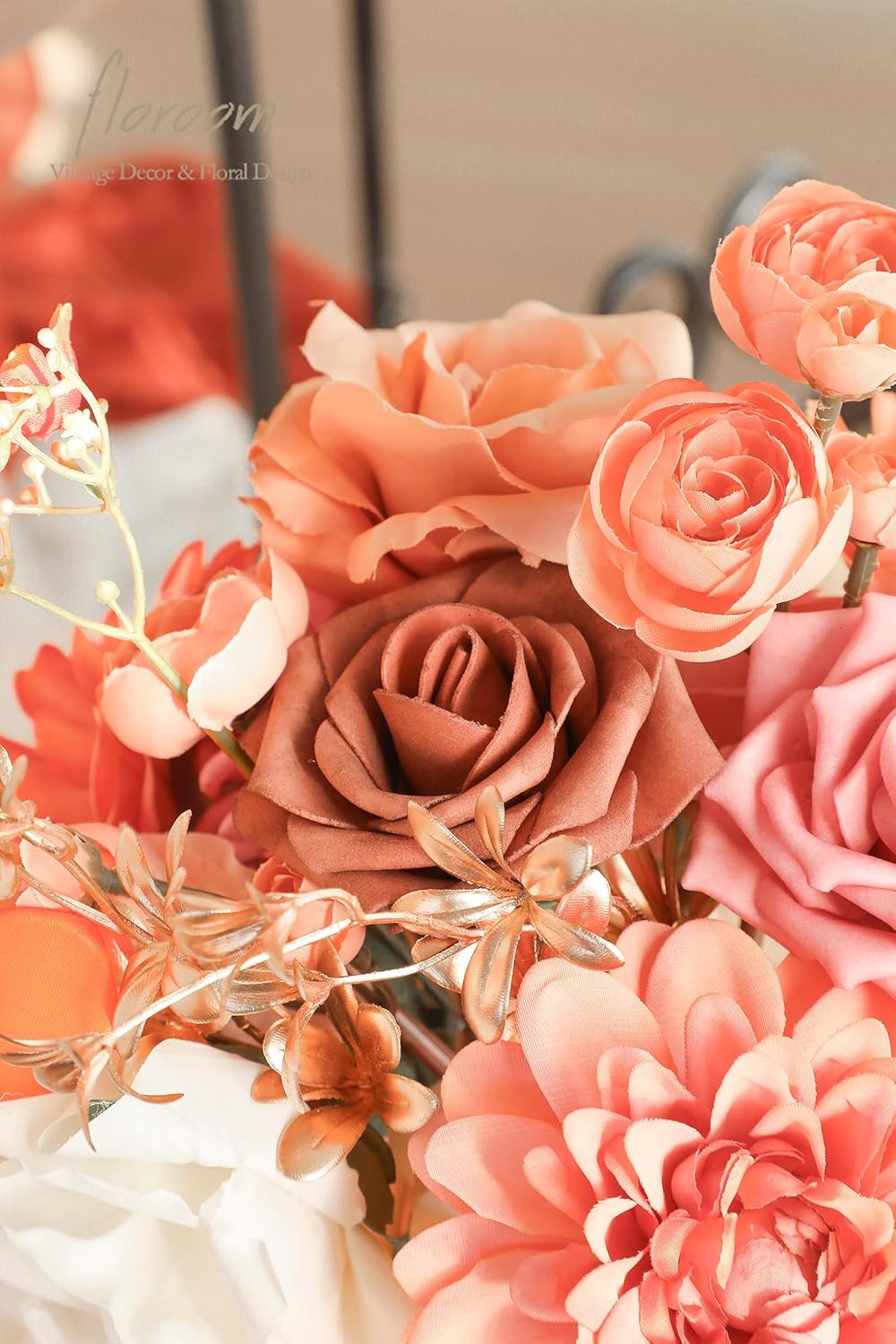 Floroom Terracotta Artificial Flowers Burnt Orange Fake Roses Dahlias and Greenery Combo Box Set for DIY Wedding Bouquets Bridal Shower Centerpieces Floral Arrangements Party Tables Home Decorations