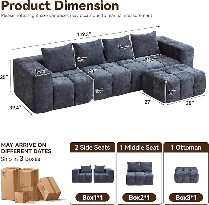 119" Boneless Couch, Oversized Cloud L Shaped Couch, Modular Sectional 4 Seater - Image 2