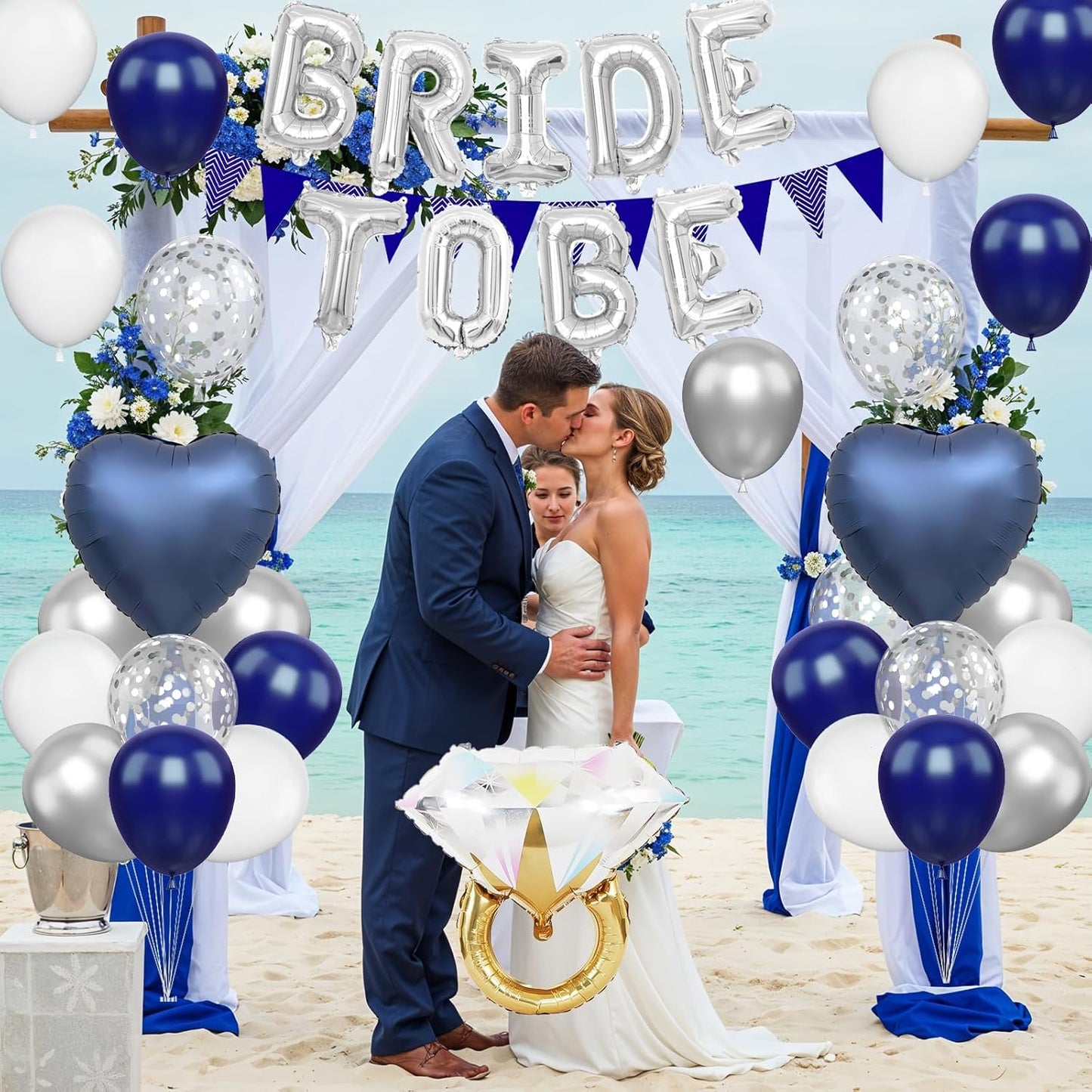 Blue Silver Bachelorette Party Decorations, Silver Bride To Be Bridal Shower Balloons Decoration, Navy Blue White Silver Balloon and Diamond Ring Blue Heart Balloon for Bachelorette Engagement Wedding