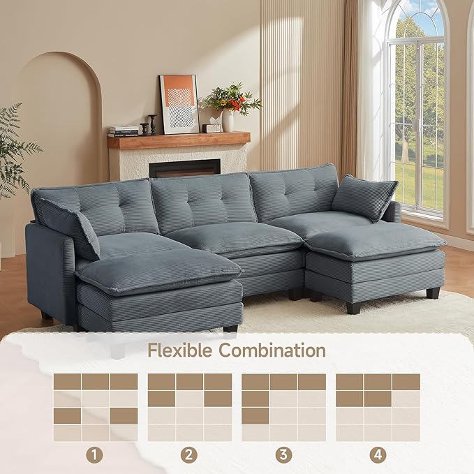 Amsleekey Modular Sectional Sofa, 111.5" U-Shaped Corduroy Comfy Sectional - Image 7