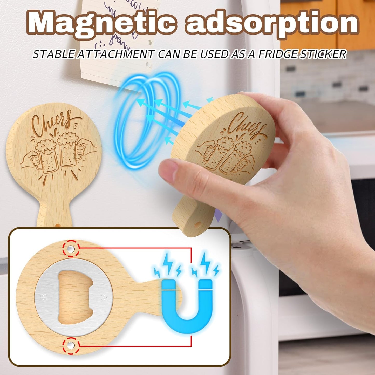 8 Custom Magnetic Bottle Opener Refrigerator, Personalized Engraved Wood Beer Openers, Wooden Round Fridge Magnet for Beer Lover Wedding Guest Bars Parties Men Gift Father's Day (Round With Handle)