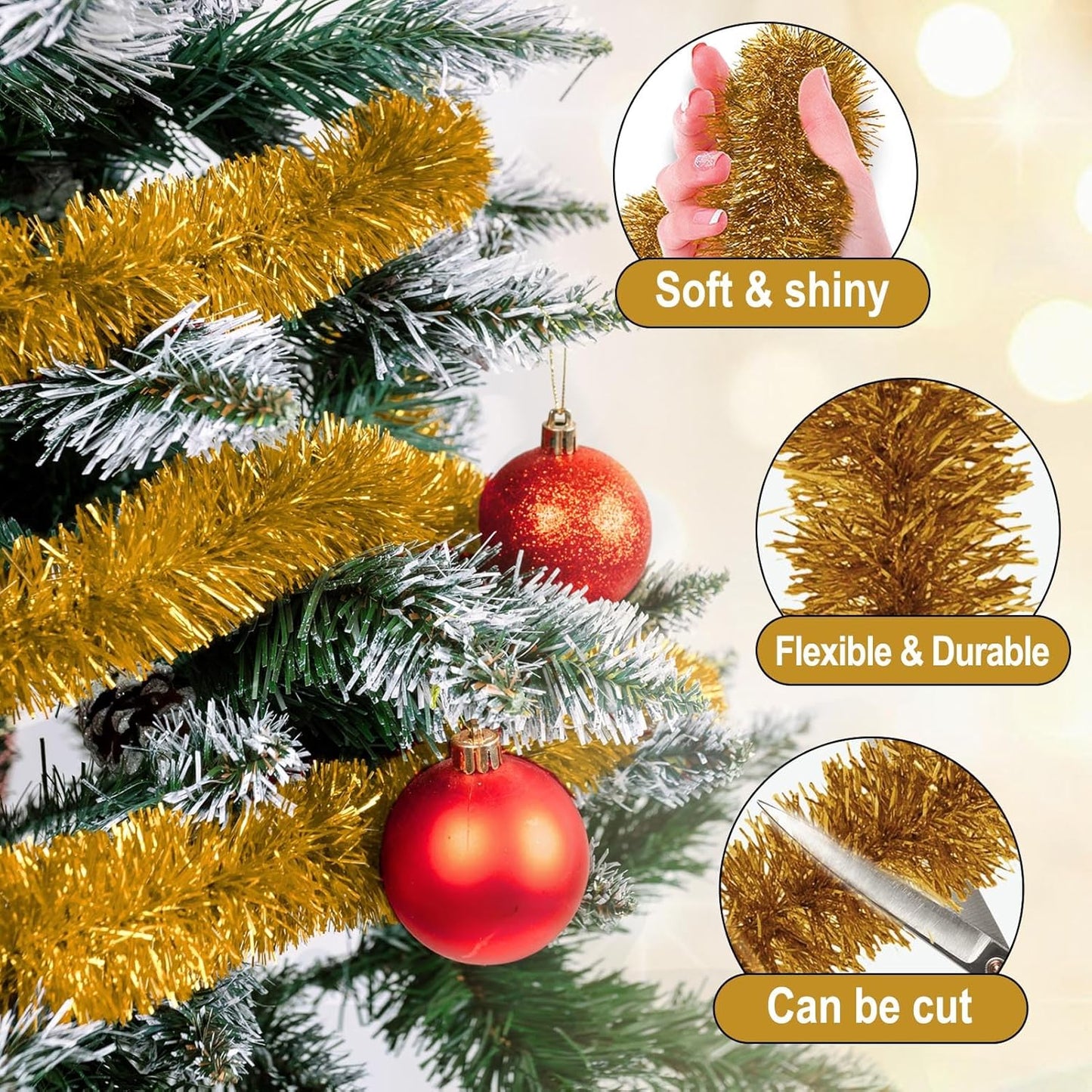 50 Feet Champagne Gold Christmas Tinsel Garland, Metallic Foil Twist Garland Wall Hanging Tinsel Banner Backdrop for Parade Floats, Easter, Mother's Day, Wedding Party Decorations (2in x 50ft)