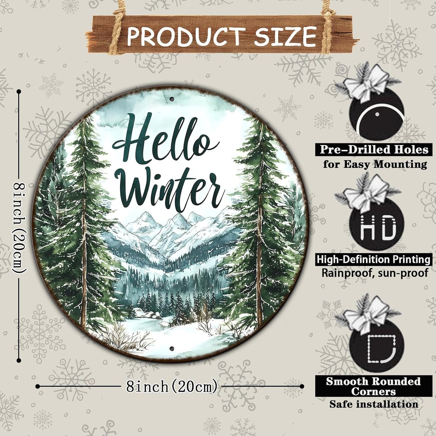 Round Christmas Metal Tin Sign Hello Winter Sign Christmas Pine Trees Welcome Door Sign Xmas Winter Holiday Farmhouse Rustic Wreath Sign for Indoor Outdoor Home Wall Window Decor 8 * 8 in