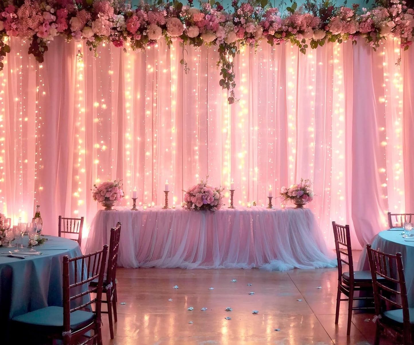 Pink Tulle Backdrop Curtains with Lights String for Parites 20ft×8ft Pink Sheer Backdrop Curtains for Baby Shower Girls Bridal Shower Birthday Party Photo Shoot Decorations(4 Panels 5×8ft)