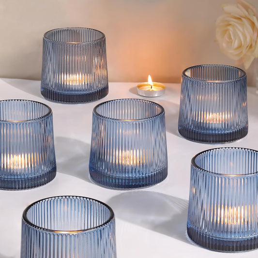 DARJEN Blue Ribbed Tealight Votive Candle Holders- 6Pack Glass Candle Holders for Table Centerpiece, Wedding Decor, Home Decor, Party Dinner