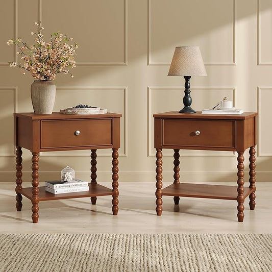 AMERLIFE 24" Wooden Nightstand Set of 2, Vintage Bedside Table by AMERLIFE