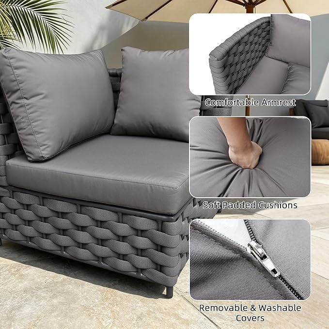 TWT Dark Gray 6-Piece Modular Outdoor Sectional Sofa Set, 5-Seater Woven Rope - Image 4