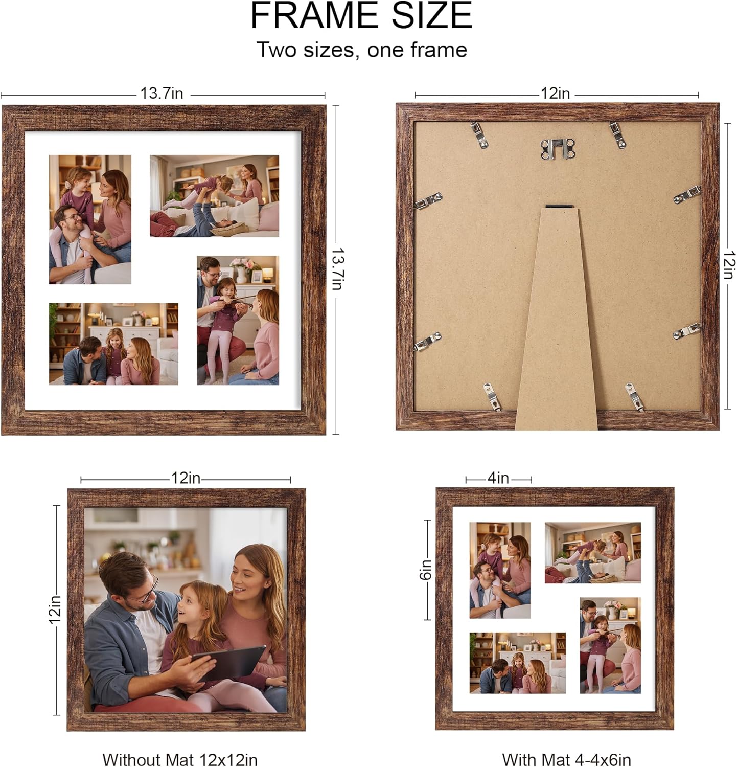 12x12 Picture Frame Set of 2, Rustic Brown Wood Frame with Glass Collage Frame, Display Pictures 4-4x6 With Mat or 12 x 12 Without Mat,Square Photo Frames Collage for Wall Hanging or Tabletop