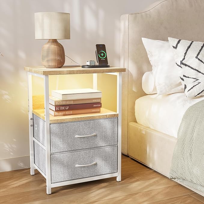 Fixwal Night Stand with Charging Station, LED Nightstand with U-S-B Ports and - Image 5