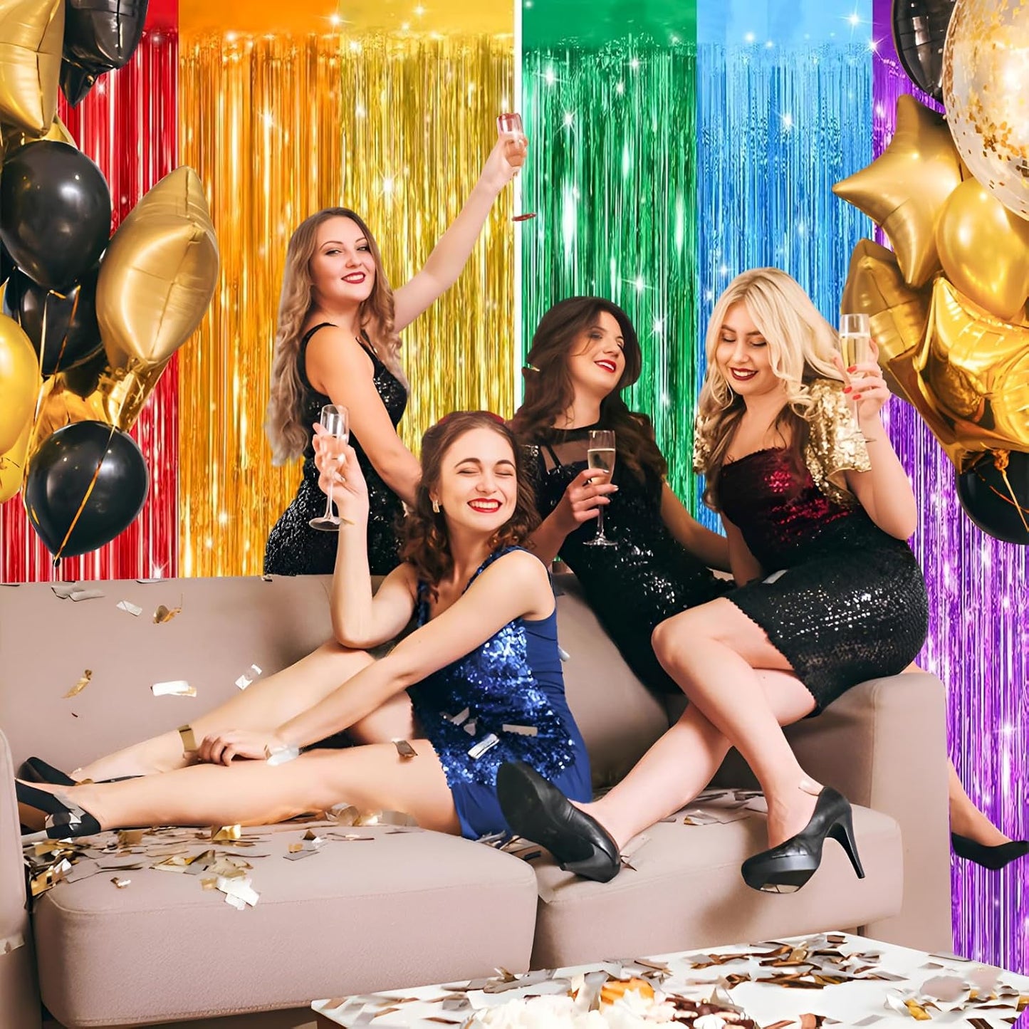 Keyali 2 Pack 3.3 * 8.3 ft Foil Curtain Metallic Tinsel Fringe Curtains Photo Booth Props Backdrop for Birthday Wedding Engagement Baby Shower Christmas Holiday Celebration Party，Rainbow