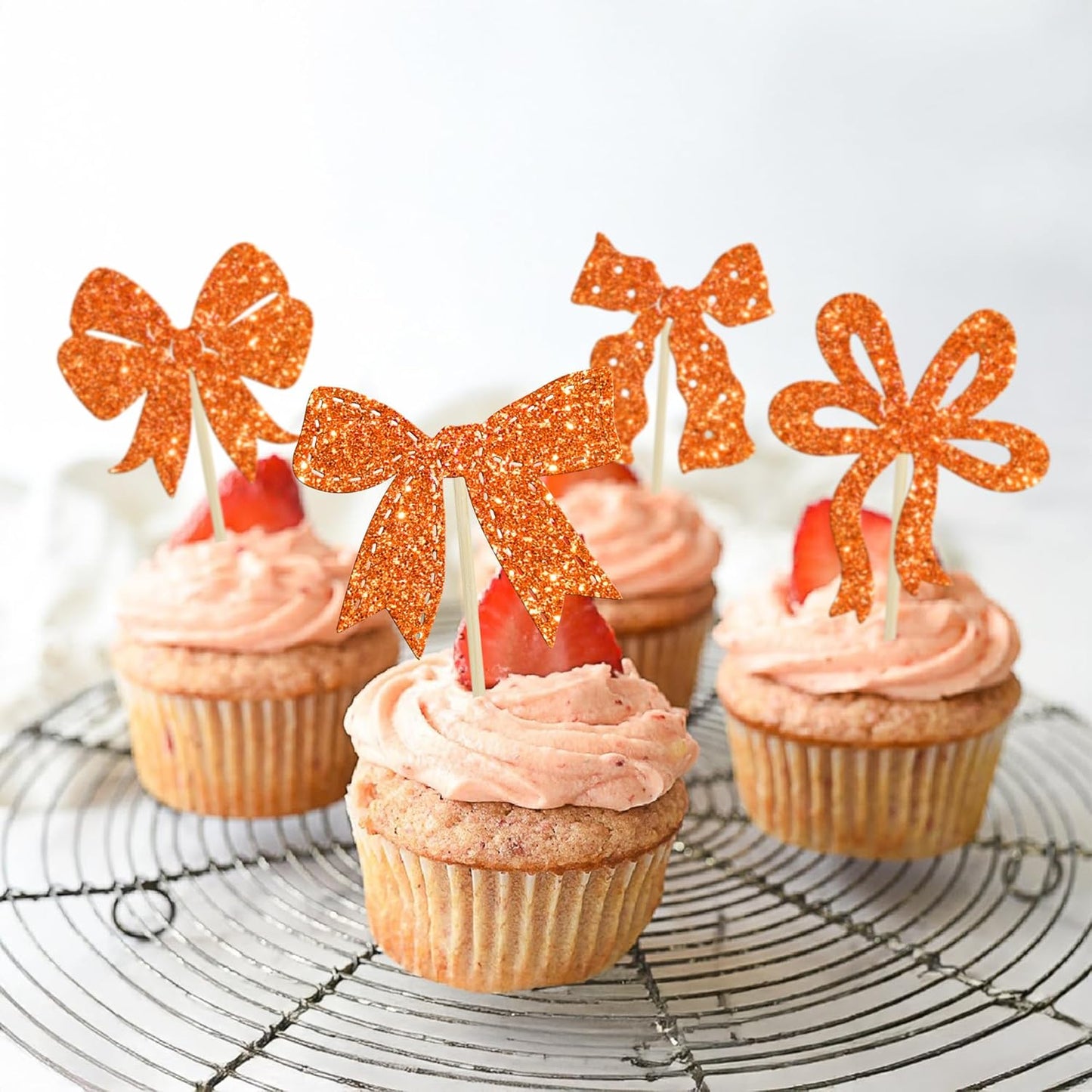 Ephlyn 24Pcs Bow Cupcake Toppers Bow Birthday Cake Topper Girls Birthday Party Decorations Bowknot Cupcake Decorations for Bridal Baby Shower Birthday Wedding Themed Party Orange