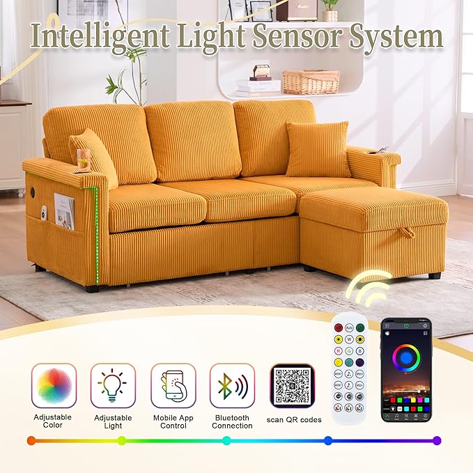 L-Shaped Sectional Sofa with Storage & Movable Ottoman, Corduroy 3 Seater - Image 7