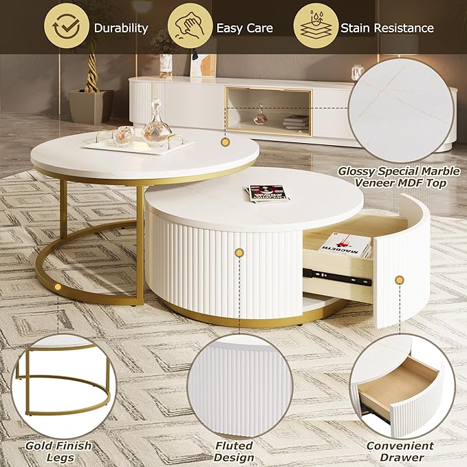 27.6" Modern Round Nesting Coffee Table Fluted - Image 7