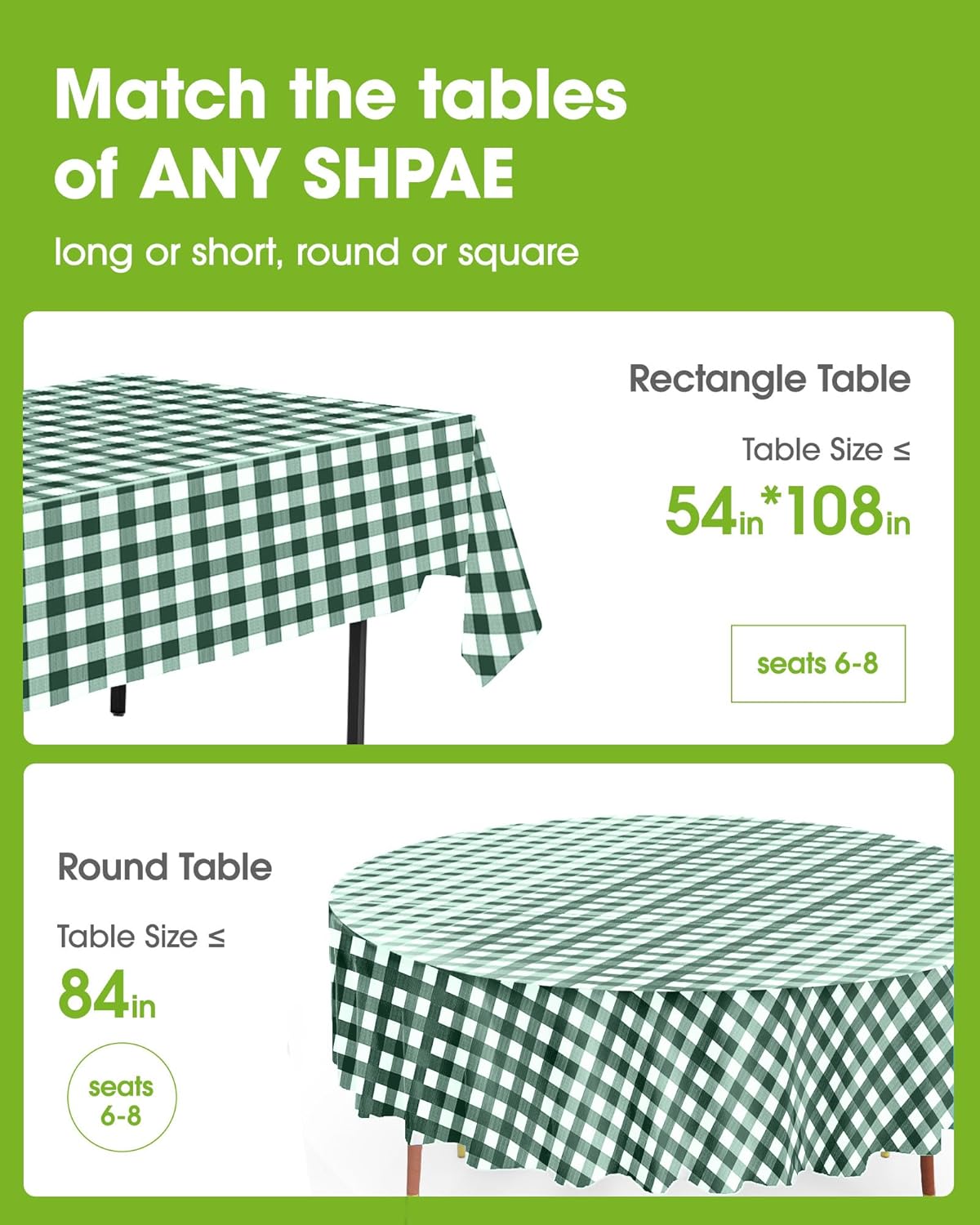 Pureegg Plastic Table Cloth Disposable 10 Pack, 54 x 108 Inch Table Cloths, Party, Picnic, Decorative Gingham Tablecloths, Rectangle, Green and White Checkered Cover, Leakproof & Sturdy, Green Plaid