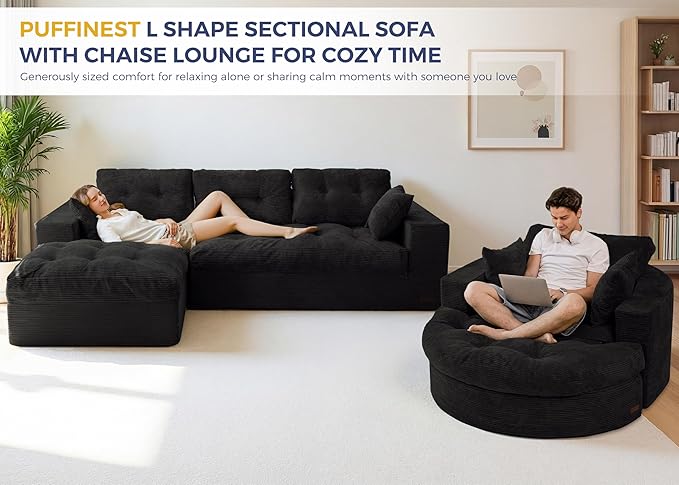 MAXYOYO L Shape Sectional Sofa Couch and Round Chaise Lounge, Modern Cloud Couch - Image 3