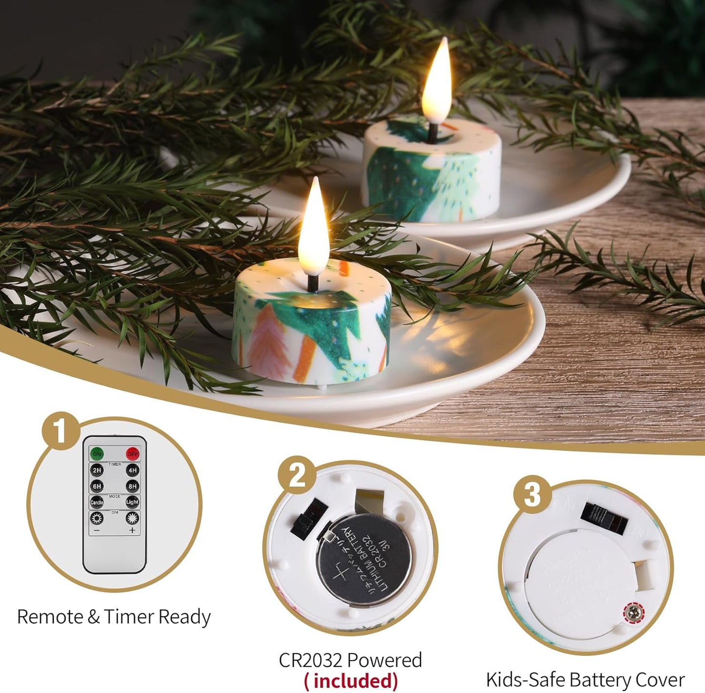 Eywamage Christmas Tree Flameless Tealights with Remote, Flickering Battery Operated LED Tea Votive Candles Set of 12