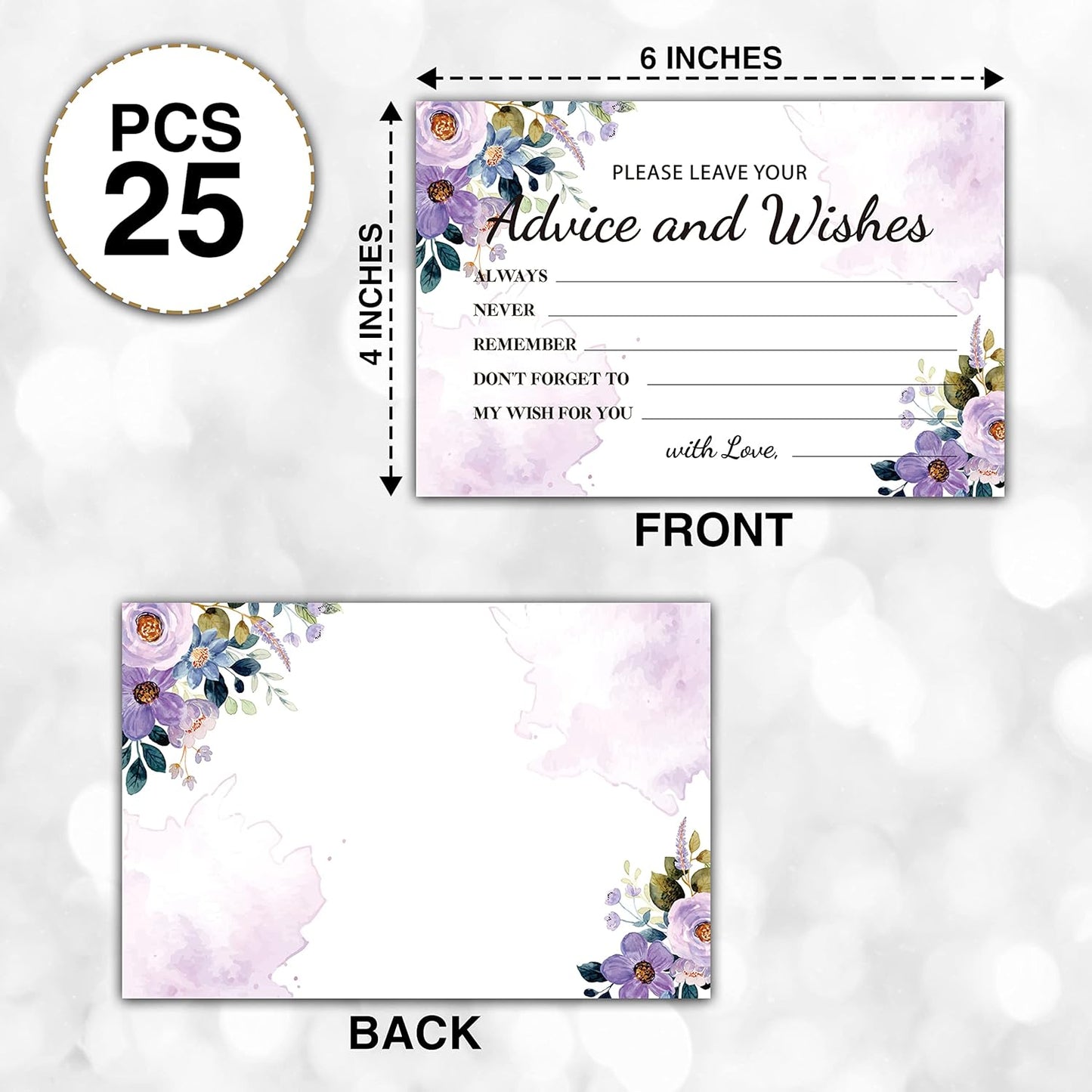 Purple Floral Advice and Wishes Cards, 25 Pcs Watercolor Purple Double Sided Advice Cards for The Bride and Groom, Mr and Mrs, Bride Shower, Wedding Reception, Engagement Party(08)