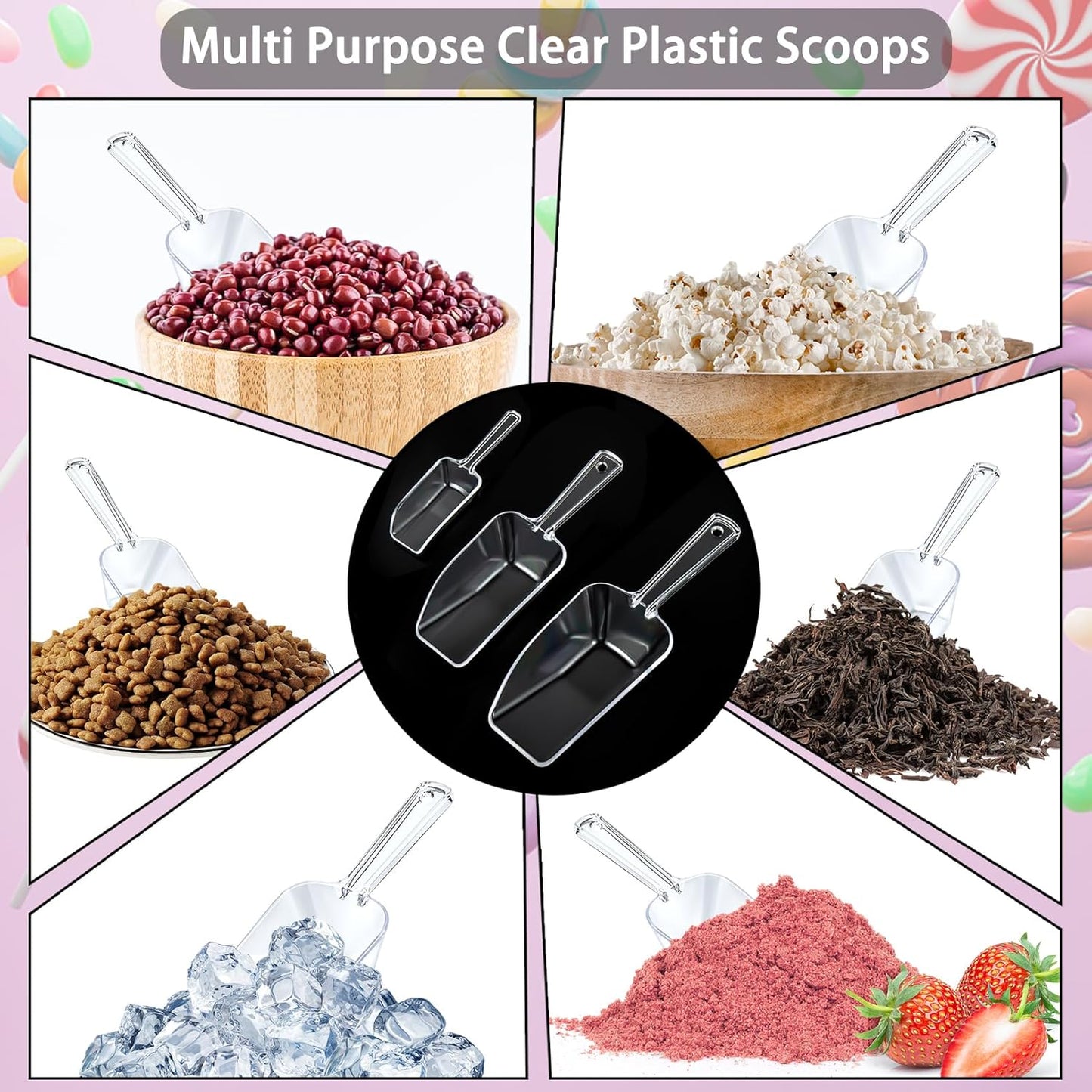 3 in 1 Clear Plastic Ice Scoop Set, Small Acrylic Serving Scoops for Candy Buffet, Canisters, Dry Goods Multi-Purpose Kitchen Mini Food Scoop for Coffee, Flour, Sugar, Salt, Wedding Desserts (L&M&S)