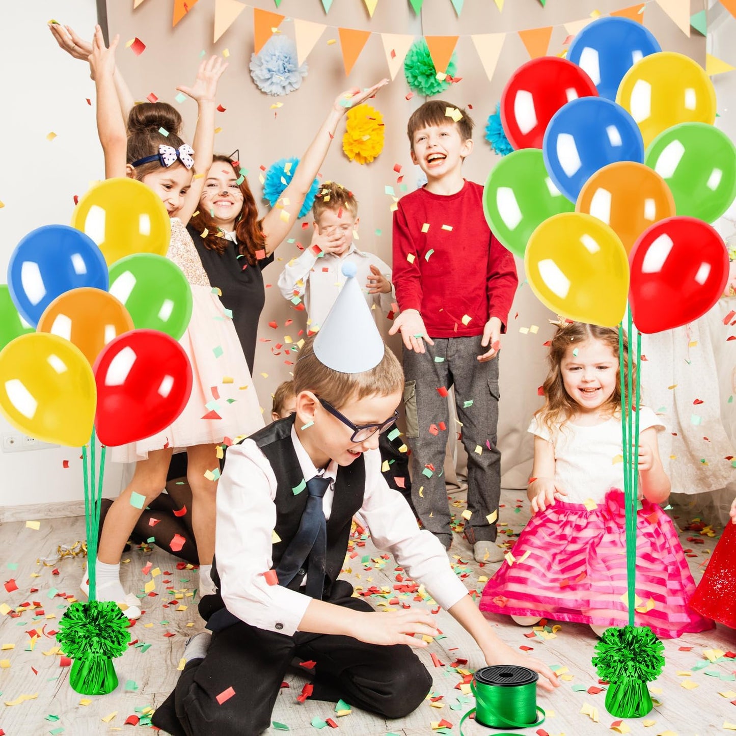 24 PCS Balloon Weights Metallic Anchor, Balloon Holder Heavy Weights with 1 Roll Green Crimped Ribbon for Balloons Table Party Favor Birthday Decor(Green)