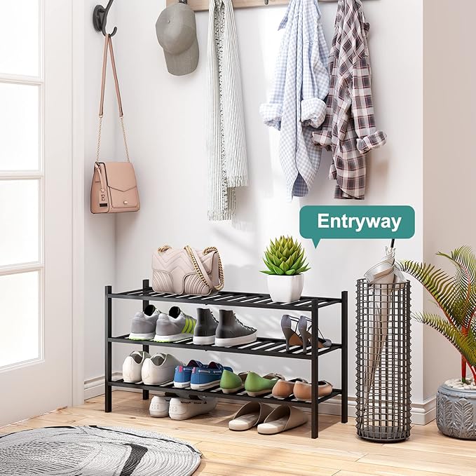 viewcare 3-Tier Long Black Shoe Rack, Bamboo Wood Shoe Rack - Image 5