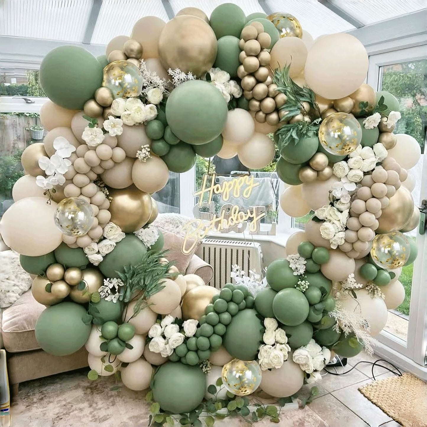Sage Green White Sand Balloon Arch Kit, Green Beige Gold Metallic Balloons Garland Kit with Gold Confetti Balloons for Birthday Wedding Bridal Shower Bachelorette Party Decorations