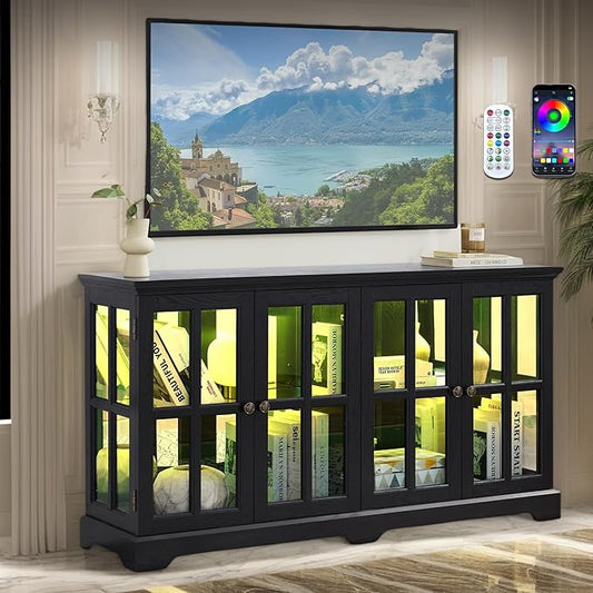 59" W LED Curio Cabinet with 7 Color Lights, Vintage Glass Display Case with by CKEASEANFurniture