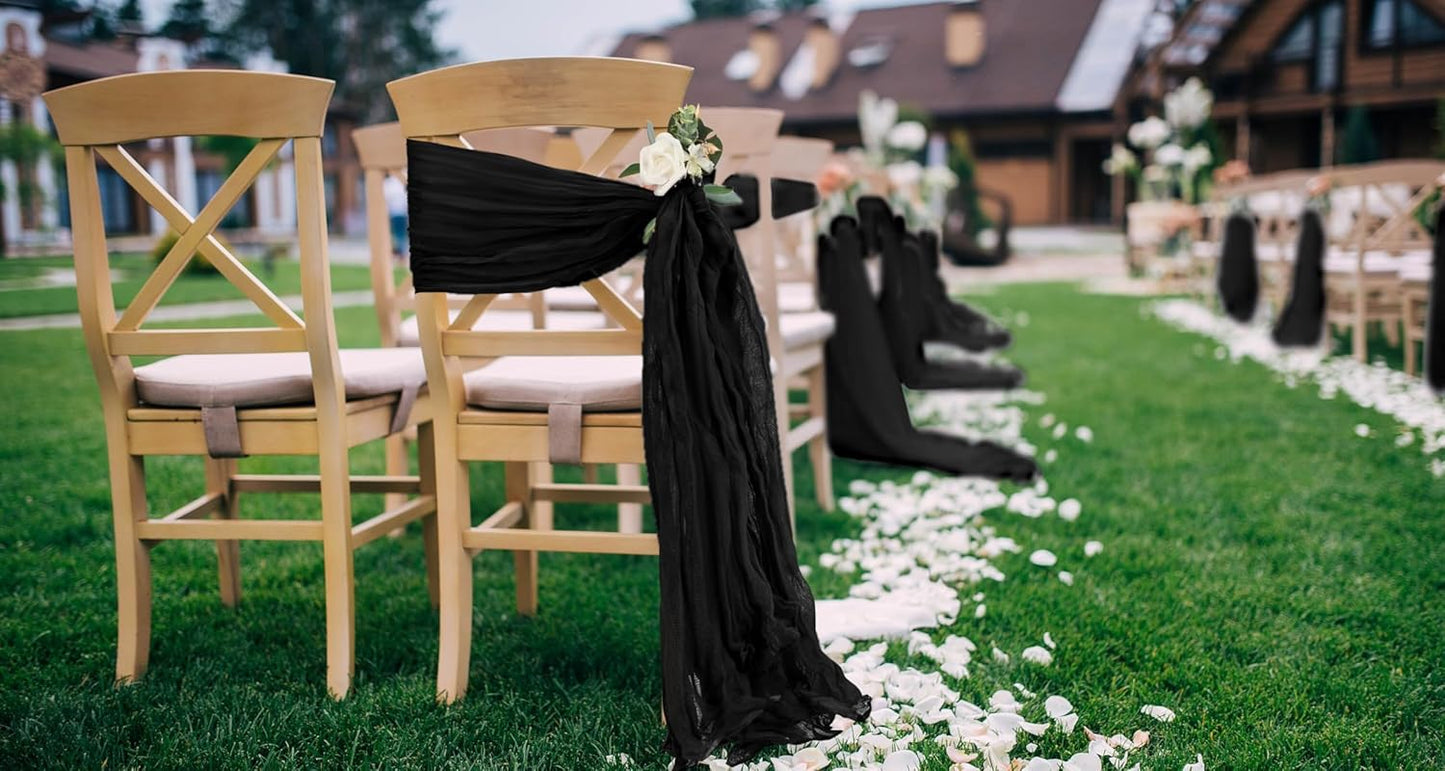 50 PCS Cheesecloth Chair Sashes, Bows Designed ChairSashes, 15.7x108 inch Chair Sashes for Aisle Decorations Universal Chairs Cover Decoration for Wedding Reception Party Banquet (Black)