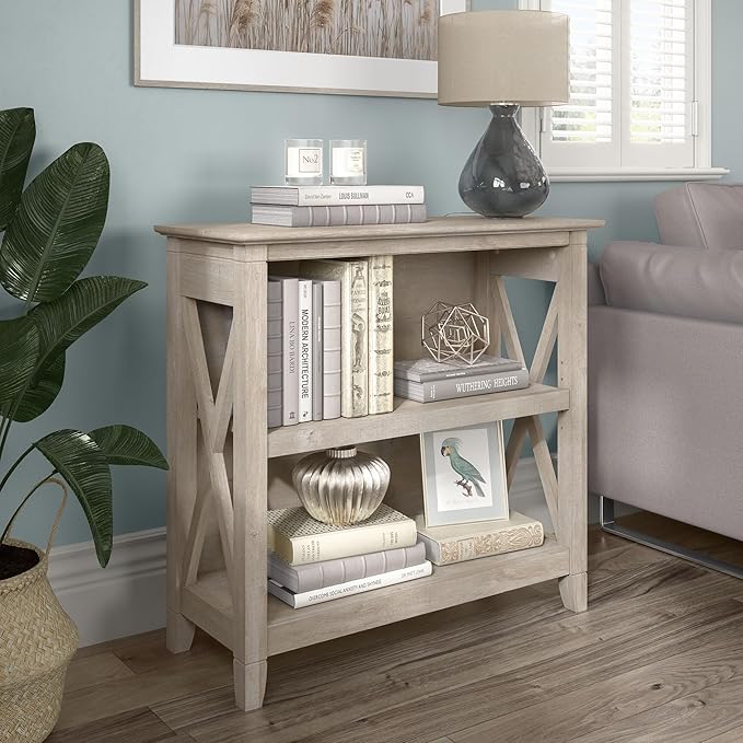 Bush Home Key West Small 2 Shelf Bookcase in Washed Gray, Compact Home Organizer - Image 2