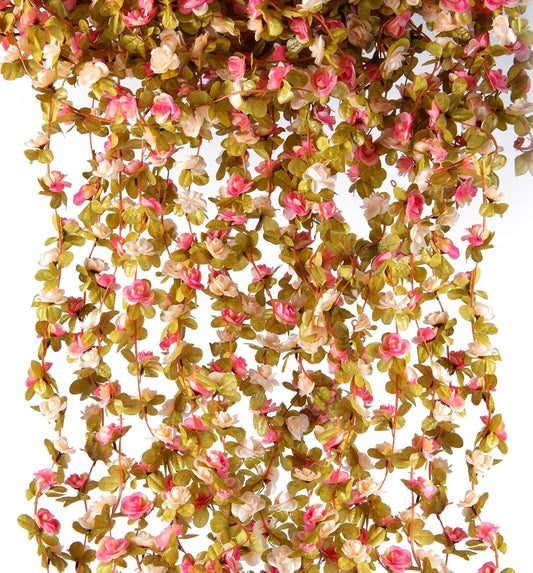 6 Pcs x 8.2 ft Flower Garland Artificial Rose Vine Flowers with Green Leaves Hanging Fake Roses Vine for Room Party Home Wedding Birthday Christmas Wall Arch Decor, Pink Champagne Flower